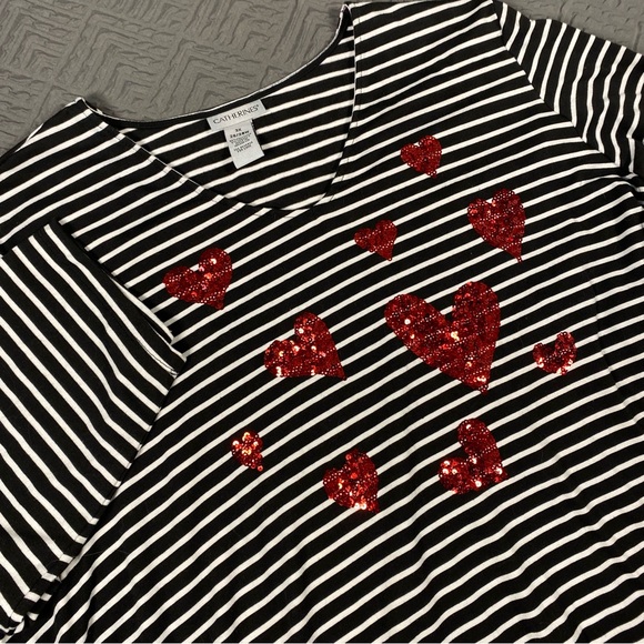 Catherines Striped Top Plus Size 3X 26/28 Red Sequin Heart - Picture 1 of 4